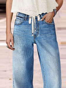 Jeans a <span class=keywords><strong>Vita</strong></span> Alta e Gamba Larga per Donna - Lavaggio Chiaro <span class=keywords><strong>con</strong></span> Coulisse Elastica <span class=keywords><strong>in</strong></span> <span class=keywords><strong>Vita</strong></span> <span class=keywords><strong>Pantaloni</strong></span> <span class=keywords><strong>in</strong></span> Denim Elasticizzato Vintage Casual Vestibilità Comoda - Product Image 4