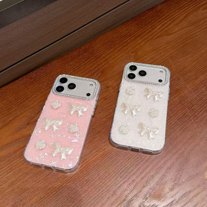 เคสโทรศัพท์ลายดอกไม้ไล่เฉดสี ประดับโบว์และเปลือกหอย สำหรับ iPhone 17 16 15 Pro Max ลายการ์ตูนเพชร ลายแมว KT  แบบมีเท็กซ์เจอร์  ฝาหลังเลเซอร์ รุ่นใหม่ - Product Image 6