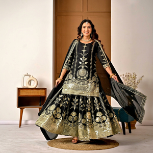 Lehenga Choli de Seda Negra para Mujer con Bordado Dorado, Traje Tradicional Indio Pakistaní para Bodas, Largo hasta el Suelo, Corte Holgado - Product Image 1
