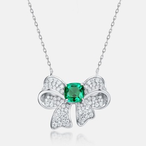 925 Silver Cultivated Emerald Necklace Shining Fashionable <b>Bow</b> Shape Party Holiday Daily <b>Gift</b> for Girls Surprise L - Product Image 1