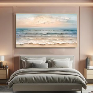 Peinture acrylique sur toile abstraite moderne de taille personnalisée, beige naturel, blanc, <span class=keywords><strong>bleu</strong></span>, vagues océaniques, décoration murale pour la maison, salon - Product Image 2