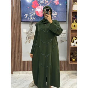 Abaya larga estilo marroquí hecha a mano con volantes, detalles de ágata y bufanda a juego, vestido modesto. - Product Image 4