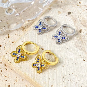 Brass Silver Plated Butterfly Huggie <b>Earrings</b> With <b>Blue</b> Zircon Women's Cute Fashion Jewelry - Product Image 4