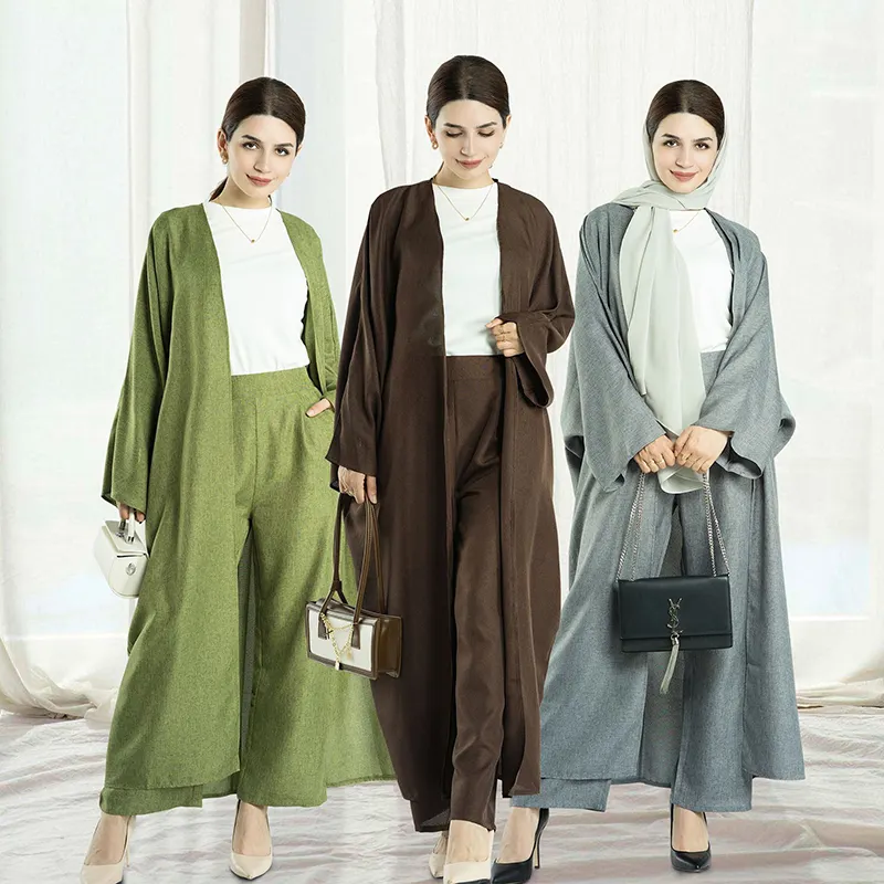 Conjunto de ropa Abaya y pantalones de lino para mujer, conjunto árabe e informal de moda, abaya musulmana, kimono islámico, 2 piezas, 2023