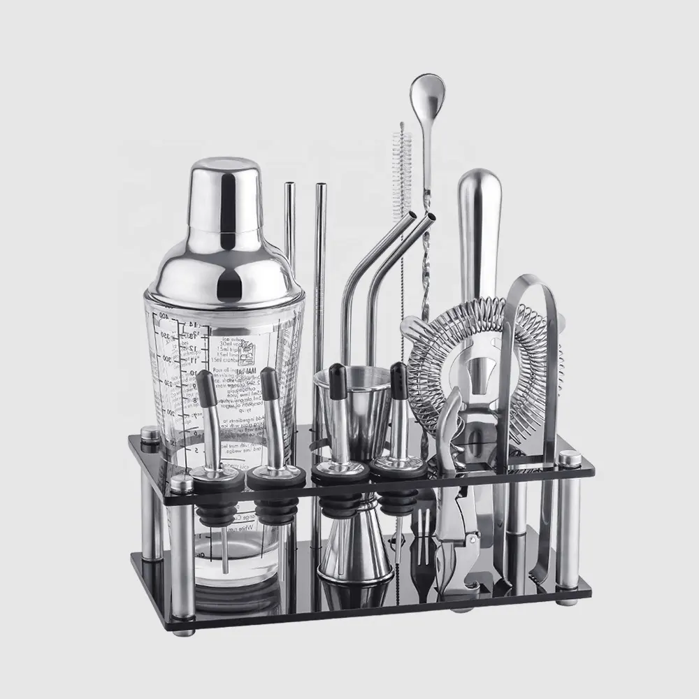 Ouyada Professionele Fabriek Barman Kit Set 18 Stuk Roestvrij Staal Bar Gereedschap Cocktail Shaker Met Acryl Stand