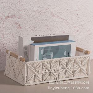 Hand Woven Cotton Rope <b>Storage</b> Box Rectangle Bohemian Style Desktop Organizer Cosmetic <b>Basket</b> - Product Image 2