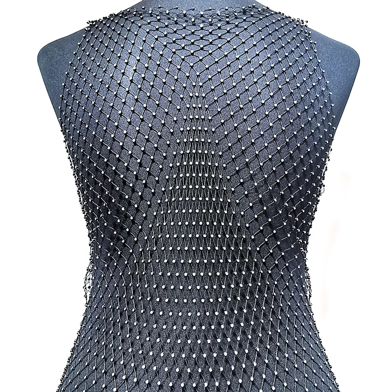 Toptan sparkle kristal hollow out tığ streç örgü ss8 rhinestone elmas fishnet yan yarık elbise