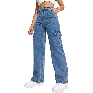 OEM trousers manufacturer wide cargo ladies jeans pants cotton mutil pockets women boyfriend jeans pour femme
