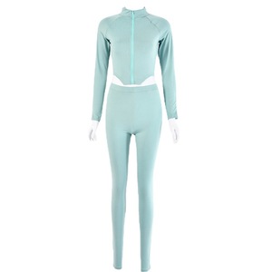 ชุดเซ็ตสองชิ้นสีพื้นสำหรับผู้หญิง เสื้อแขนยาวมีซิป กางเกงขายาวรัดรูป แฟชั่นลำลองสำหรับฤดูใบไม้ร่วงและฤดูหนาว ผลิตจากผ้าถักโพลีเอสเตอร์ - Product Image 5