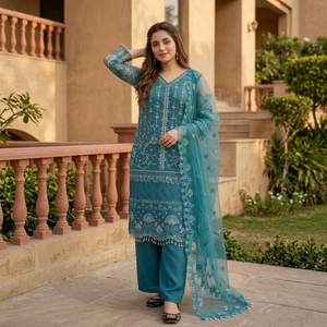 Ensemble Salwar Kameez brodé bleu sarcelle avec dupatta en tulle – Tenue traditionnelle indienne et pakistanaise pour fêtes et mariages - Product Image 1