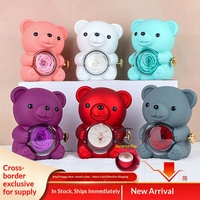 Kotak Perhiasan Mawar Abadi Teddy Bear Flip-top, Kotak Perhiasan Beludru untuk Valentine dan Natal, Hadiah Mewah Mawar Abadi