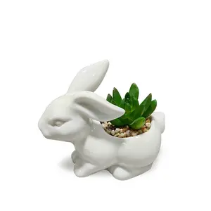 定制标志简单设计白色兔子造型花盆陶瓷花盆户外装饰盆