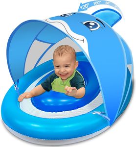 Flotteur de piscine pour bébé en forme de dauphin bleu avec auvent solaire réglable UPF50+ et deux chambres à air - Product Image 1