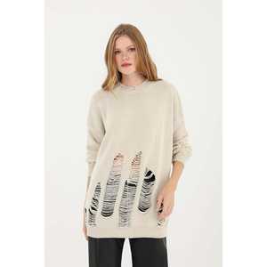 เสื้อคลุมไหมพรมขาดๆ สำหรับผู้หญิง ทรงโอเวอร์ไซส์ แขนยาว ตัดเย็บแบบหลวมๆ ผ้าคอตตอนผสม - Product Image 2