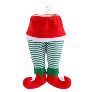 2021 New Xmas Tree Themed Ornaments,Plush Elf Legs,Cute Elf Christmas Tree Skirt with Candy Striped Legs for Home Party Decor