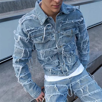 Blousons en jean délavé à motif laineux personnalisé, style streetwear, avec ourlet effiloché, manteaux décontractés Y2K, effet vieilli, à franges, pour hommes