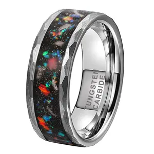 Coolstyle Jewelry 8mm Hammered Tungsten Ring for Men Women Real Meteorite Galaxy Opal Inlay Fashion Engagement Wedding Band