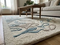 Hand Tufted Neutral Ivory Fish Wool Carpet with Wave Inspired Coastal Texture Area Rug for Living Room Bedroom Nursery Playroom