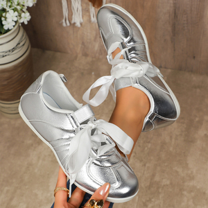 Bairuilun – Baskets plates de luxe pour <span class=keywords><strong>femme</strong></span> avec rubans dorés, chaussures décontractées roses en satin pour la marche - Product Image 1