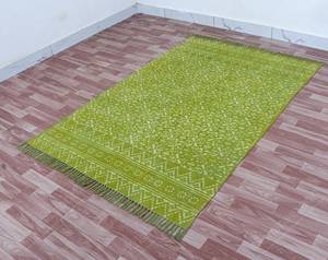 Tapis en coton biologique vert, imprimé vintage, fait main, avec pompons, tapis de sol bohème, décoration intérieure - Product Image 1