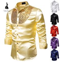 Chemises de soirée de luxe pour hommes à sequins, manches longues, en satin de soie brillant, pour discothèque, scène, danse, soirée, bal de promo