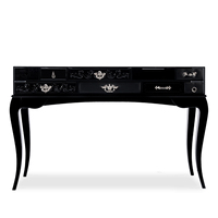 Table console élégante au design moderne avec verre transparent, accents en acajou et laiton, et tiroirs laqués faits à la main