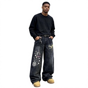 Jean baggy personnalisé pour homme, broderie florale, denim noir délavé, pantalon streetwear hip-hop, coupe large - Product Image 5