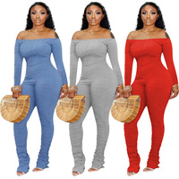 2021 de alta calidad de las mujeres de una sola pieza apilado leggings mono gris hombro camiseta de manga larga Mujer mono