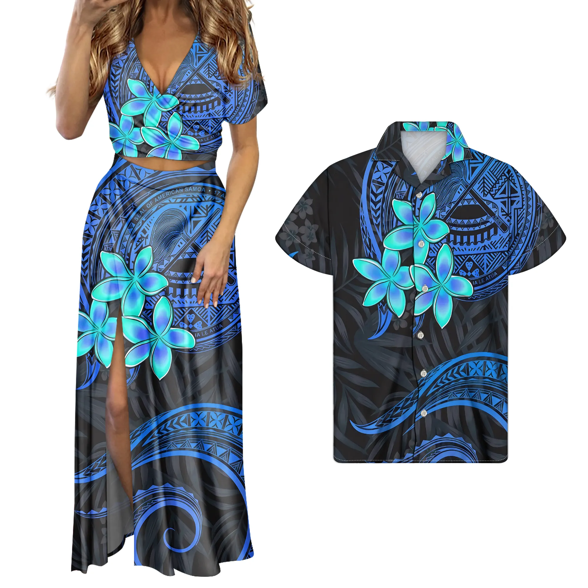 Polinésia Havaiana Tribal <span class=keywords><strong>Samoa</strong></span> Americana Impresso Conjuntos de Mulheres Com Decote Em V Sexy Dividir Longo Vestido Roxo Azul Fósforo Homens Camisas 3 Pcs conjunto