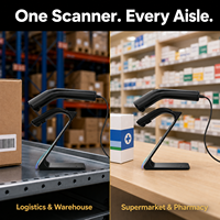Lecteur de codes-barres USB filaire 1D 2D, scanner portable, lecteur de codes QR, code de paiement, plug and play avec support pour POS et commerce de détail