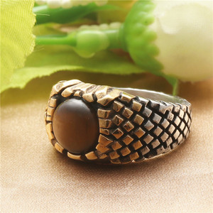 Men's Stainless Steel Snake Pattern <b>Ring</b> With Brown Stone Geometric Design Casual Jewelry - Product Image 2