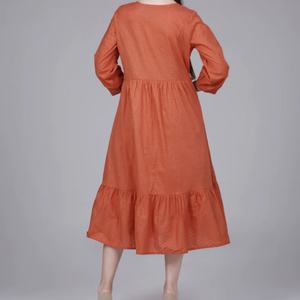 ชุดเดรสผ้าฝ้ายลินินทรงเอ สไตล์ลำลอง คอวี แขนยาวระบาย แต่งระบาย  ความยาวปานกลาง สำหรับผู้หญิง  ปรับแต่งได้ตามต้องการ - Product Image 5