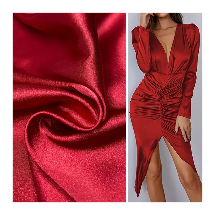 Toptan yüksek kalite 100% Polyester takım kıyafet kumaş tekstil donuk mat saten Cheongsam kumaş parlaklık kırmızı poli saten kumaş