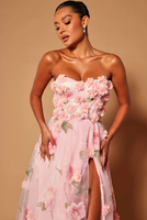 Robe de soirée élégante pour femme, sans bretelles, en mousseline rose, taille naturelle, avec fleurs 3D et fente haute, longue, pour bal de promo et mariages