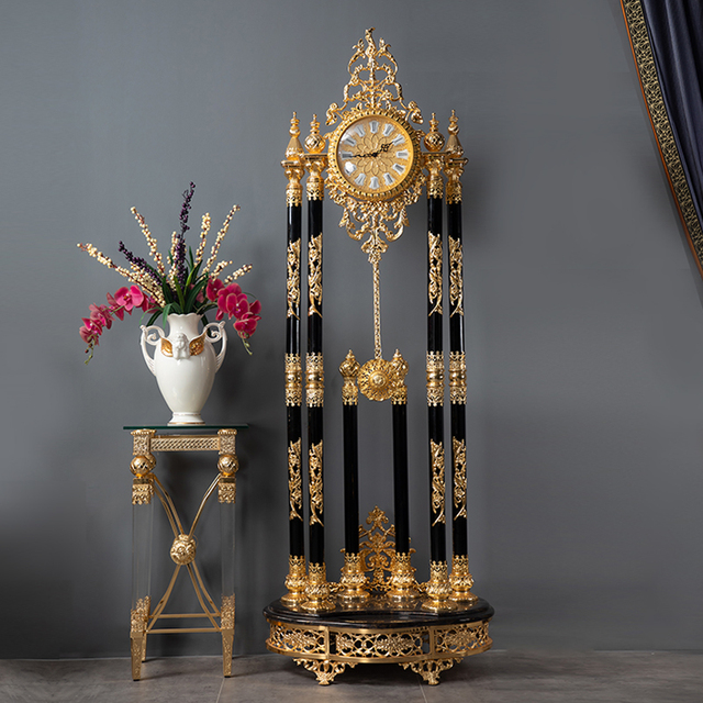 Timmonsi Deluxe Luxury Vintage Antique Style Grandfather Floor Clock Golden Copper Black Crystal Standing Royal Quartz Movement