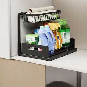 Étagère de rangement rotative à double niveau en acier au carbone, prête à l'emploi, pour évier, sous comptoir, armoire, comptoir de cuisine, ou comme étagère à vêtements pour salon - Product Image 4