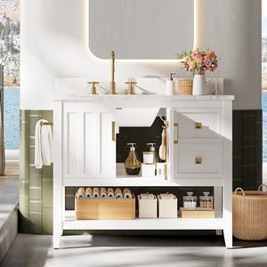Meuble-lavabo <span class=keywords><strong>de</strong></span> <span class=keywords><strong>salle</strong></span> <span class=keywords><strong>de</strong></span> <span class=keywords><strong>bain</strong></span> moderne en chêne <span class=keywords><strong>de</strong></span> 30 pouces avec miroir intelligent, 2 tiroirs et 2 étagères ouvertes, idéal pour appartement et villa - Product Image 4