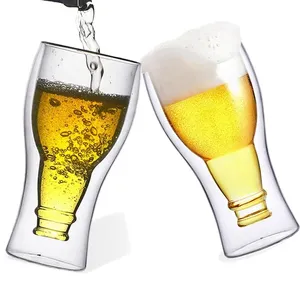 Vasos de Cerveza Creativos de Borosilicato al por Mayor, Transparentes, de Doble Pared, Aislados, para <span class=keywords><strong>Pub</strong></span>, Diseño de Botella de Cerveza Invertida - Product Image 4