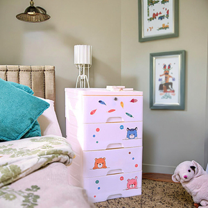 Armoire à tiroirs pliable pour enfants avec un seul verrou, en plastique, avec des autocollants de dessins animés à 4 couches, pour le bricolage - Product Image 6