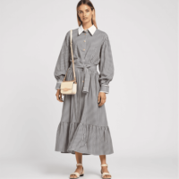 Robe chemise midi élégante pour femme, en coton teint en fil, à rayures, manches longues, ceinturée, avec col contrastant