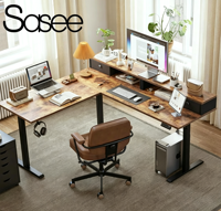 Agilestic 63 pouces en forme de L bureau debout électrique brun rustique ergonomique réglable en hauteur 2 tiroirs 2 supports ordinateur bureau