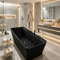 Baignoire autoportante en acrylique cannelé noir mat avec jets d'air et hydromassage, baignoire de luxe moderne pour hôtel, villa, salle de bain