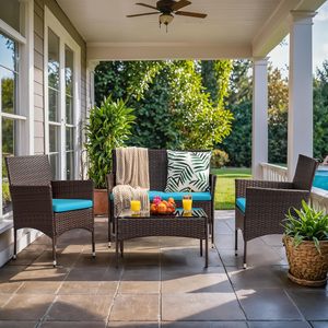 Juego de Muebles de Jardín de Mimbre Sintético para Patio Exterior, 4 Piezas, Resistente a la Intemperie, con Cojines Lavables, para Resort, Venta al Por Mayor - Product Image 5