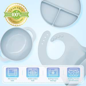 Ensemble de vaisselle biodégradable pour bébé : bavoir, cuillère et bol en silicone pour repas d'enfants - Product Image 3