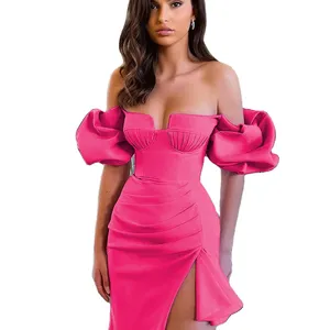 2023 Hot Sale Bubble Sleeve Bodycon Knitted Elegant Vestidos Bandage Dinner Dress