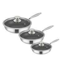 Ensemble de poêles à frire antiadhésives en acier inoxydable triple couche 18/10, ensemble de poêles à frire hybrides en acier inoxydable nid d'abeille antiadhésif avec couvercle