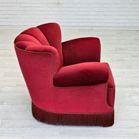 Fauteuil de relaxation vintage scandinave danois en velours rouge cerise, chaise d'appoint individuelle en bois de hêtre pour salon, en vente