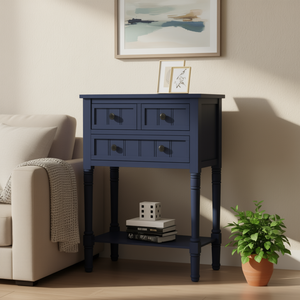 Navy Narrow Console <b>Table</b> With Three Drawers And Bottom Shelf Slim Sofa <b>Table</b> For Living Room Easy Assembly - Product Image 2