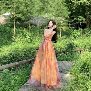 Vestido de chifón halter con estampado floral naranja, detalle retorcido, espalda descubierta, falda larga de tul, de secado rápido, estilo A, para cubrir el traje de baño - Product Image 2