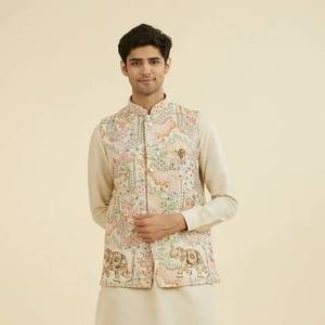 Conjunto de Kurta y Pajama Crema con Chaqueta Nehru Estampada con Diseño Floral Paisley, Ropa Étnica Tradicional India para Bodas y Fiestas - Product Image 1